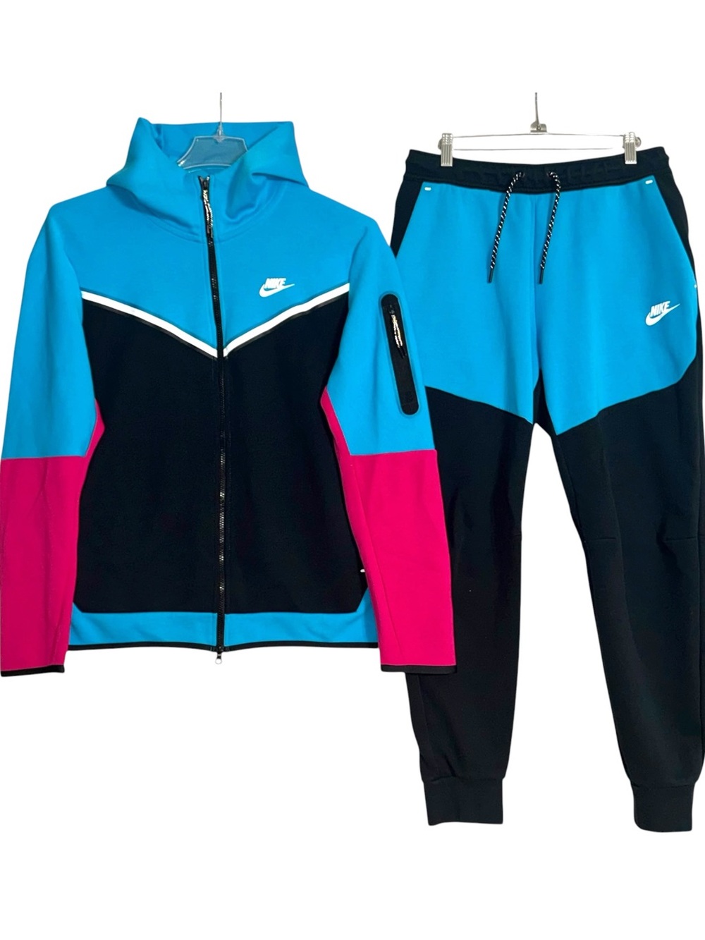 NIKE Tech Fleece Sweatpants Hoodie Set Size M/L South Beach Black/Blue/Fireberry